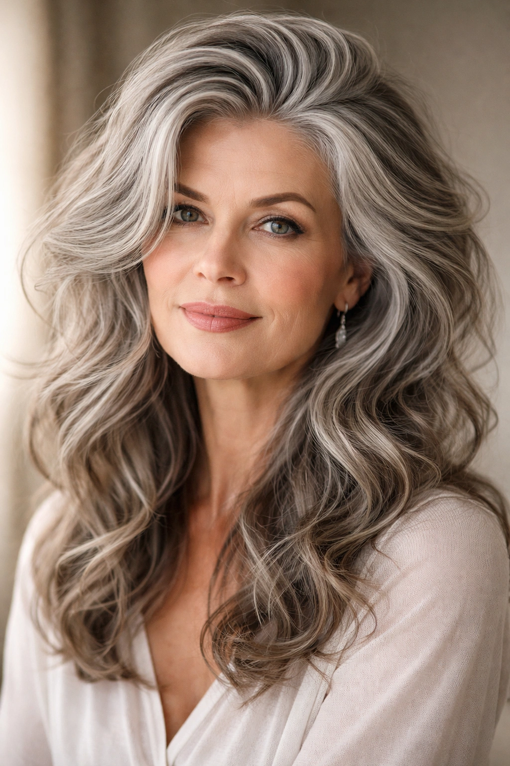 Close-up of a gray-haired person with voluminous crown and tousled waves