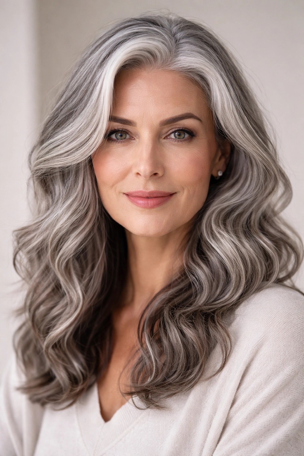 Close-up portrait of a person with gray wavy hair showcasing glossy silver waves on a neutral backdrop