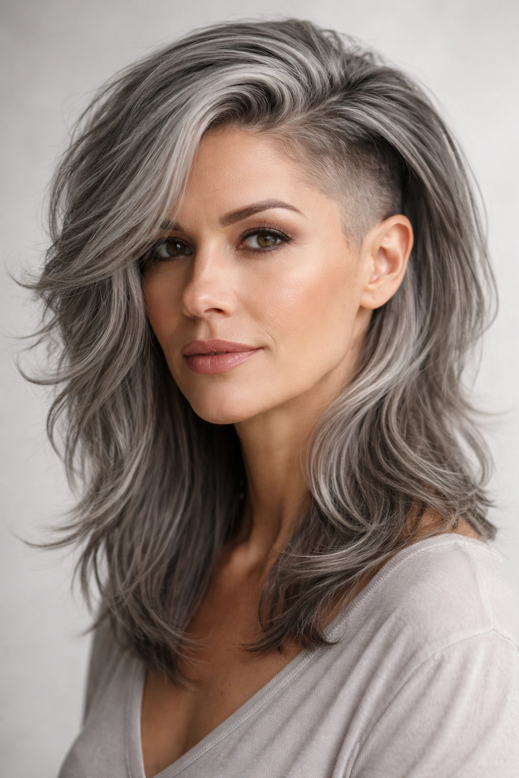 Close-up portrait of gray-haired person with face-framing waves and undercut
