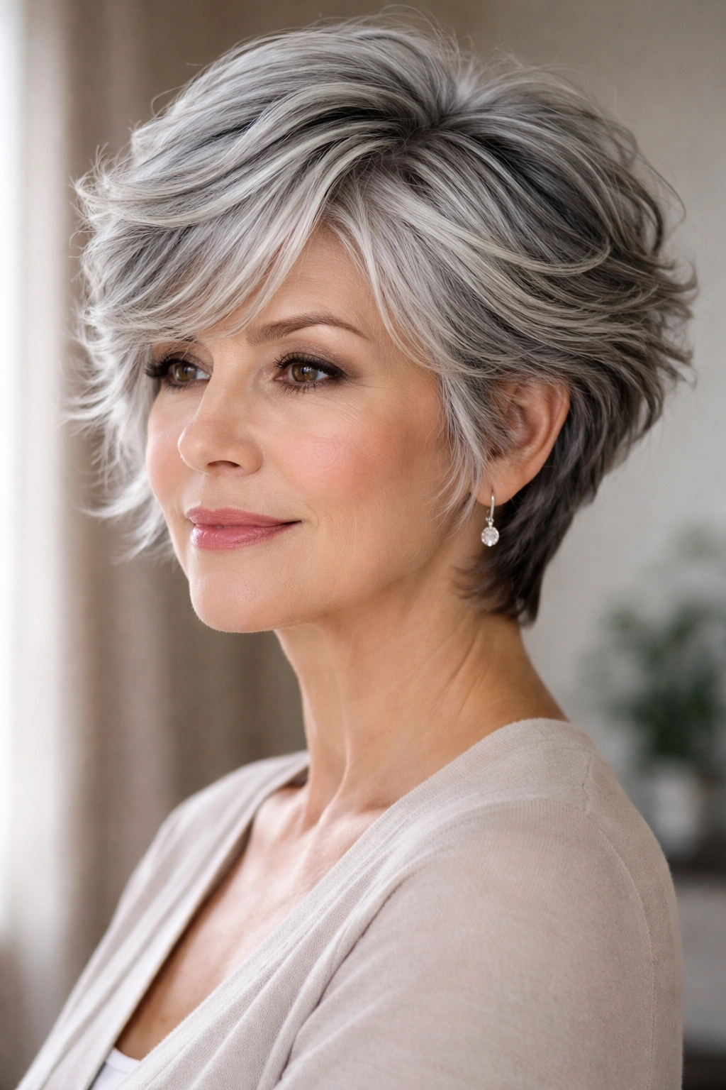 Gray hair with layered top and tapered sides in a waved style