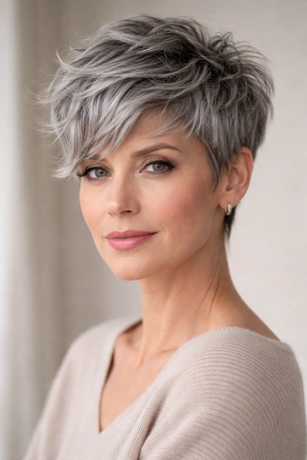 Close-up of gray hair styled in a choppy pixie wave