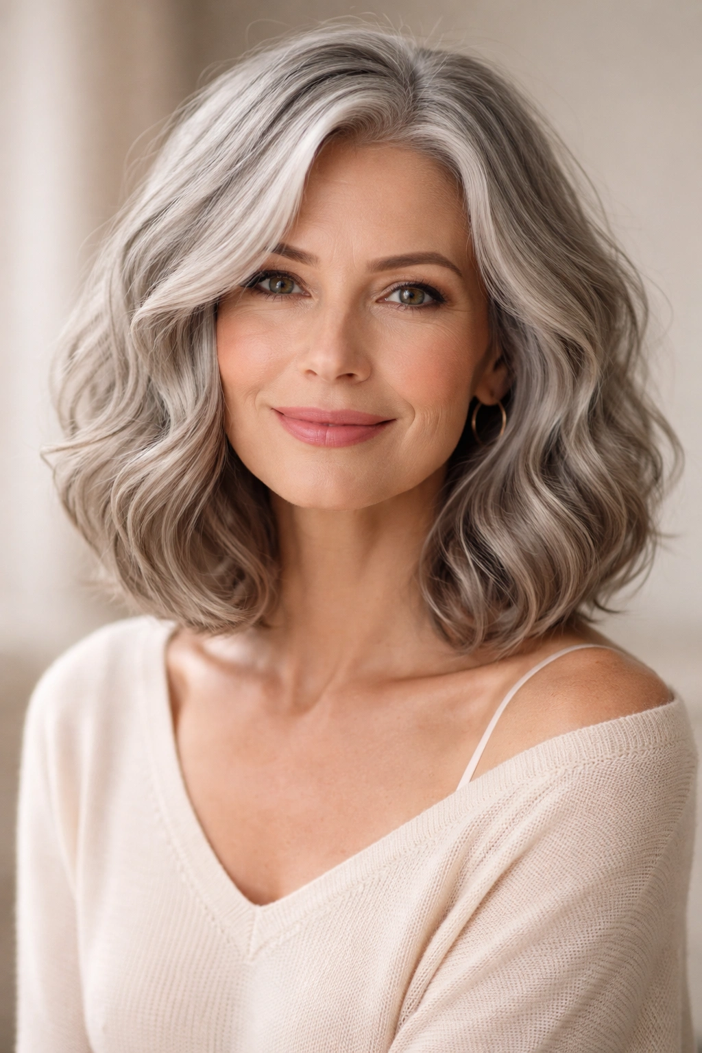 Gray hair in a soft shoulder-grazing bob with waves