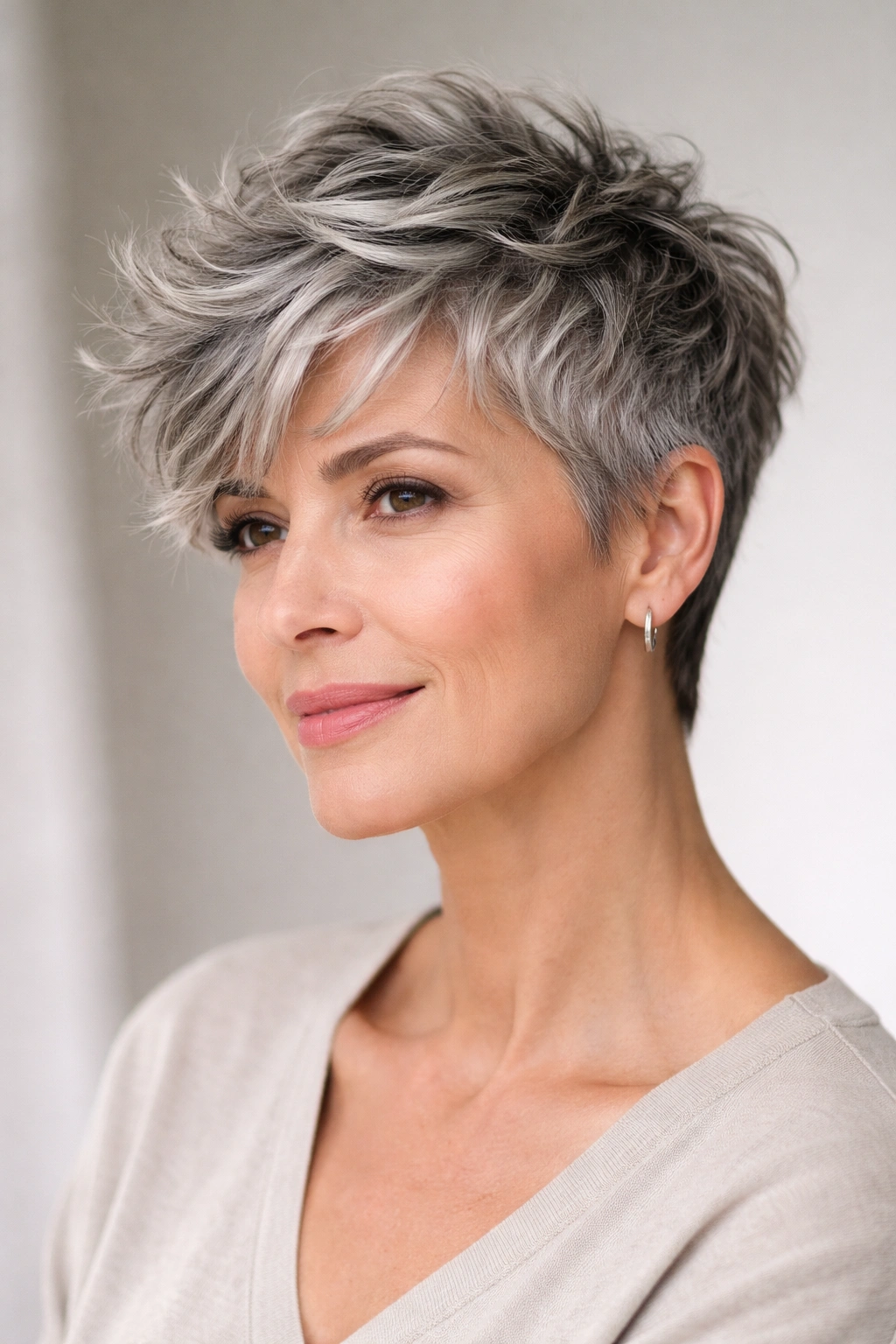 Gray-haired person with tousled crop and voluminous top