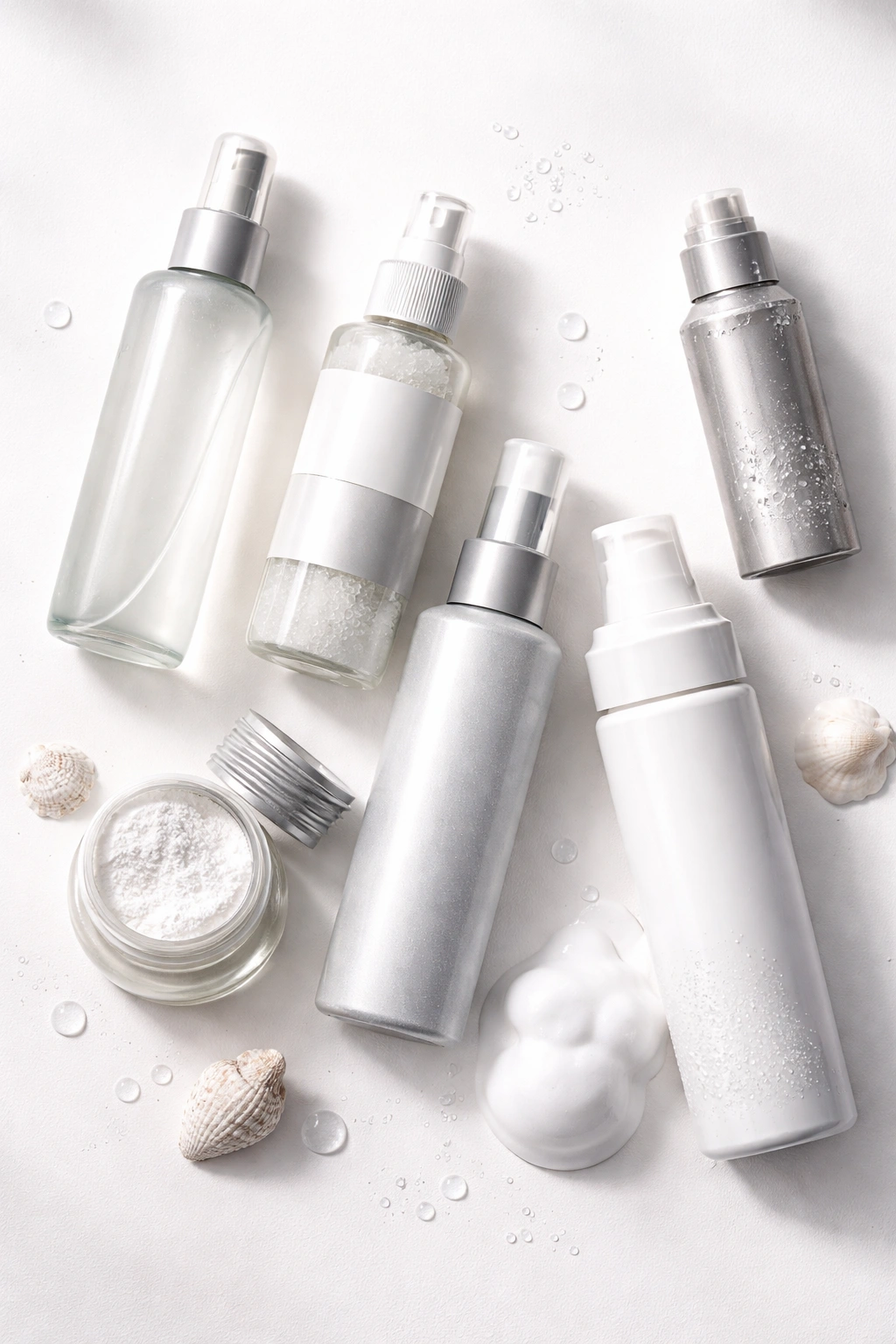 Assorted gray hair styling bottles and sprays with no labels on a white surface