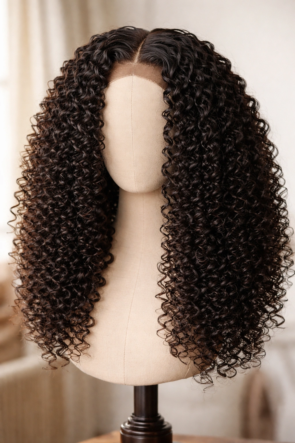 Close-up of a great curly wig on a bust form showing defined, uniform curls and natural density