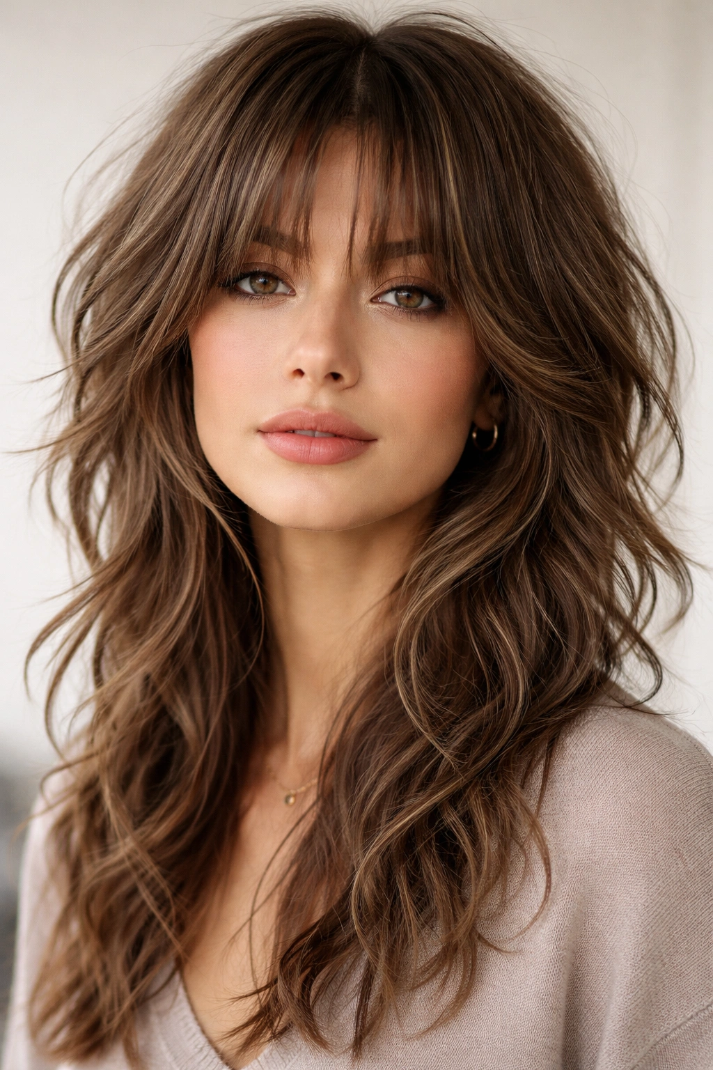 Front view of a wolf cut with grown-out bangs and soft waves
