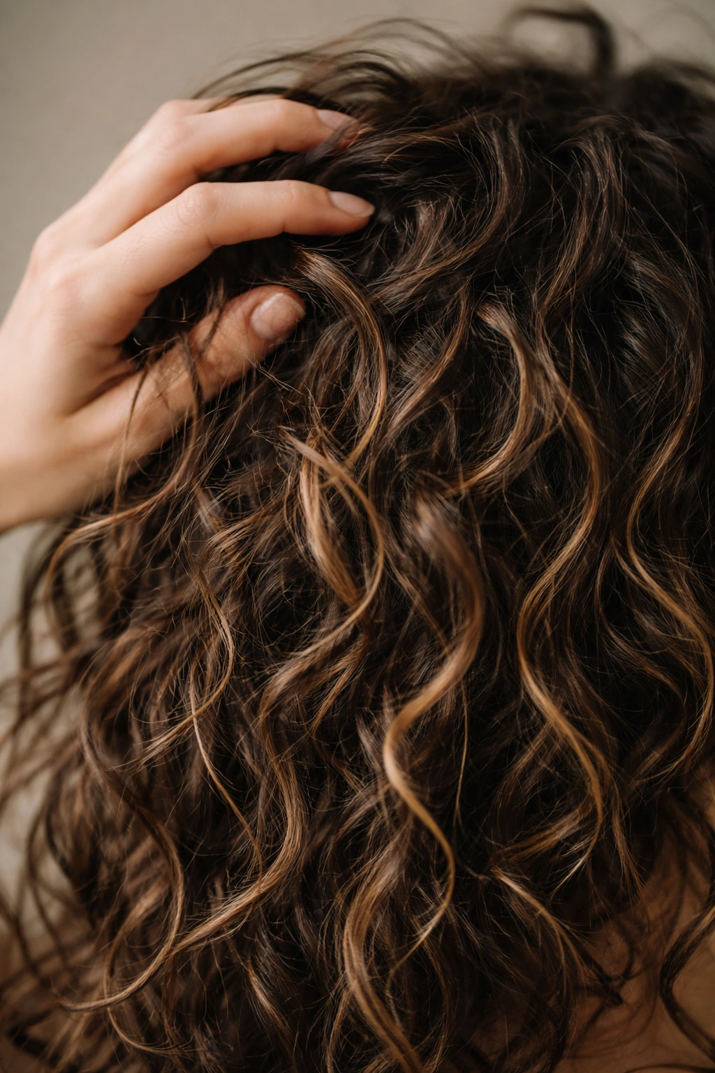 Hand running through curly hair showing matte texture and imperfect curl separation.