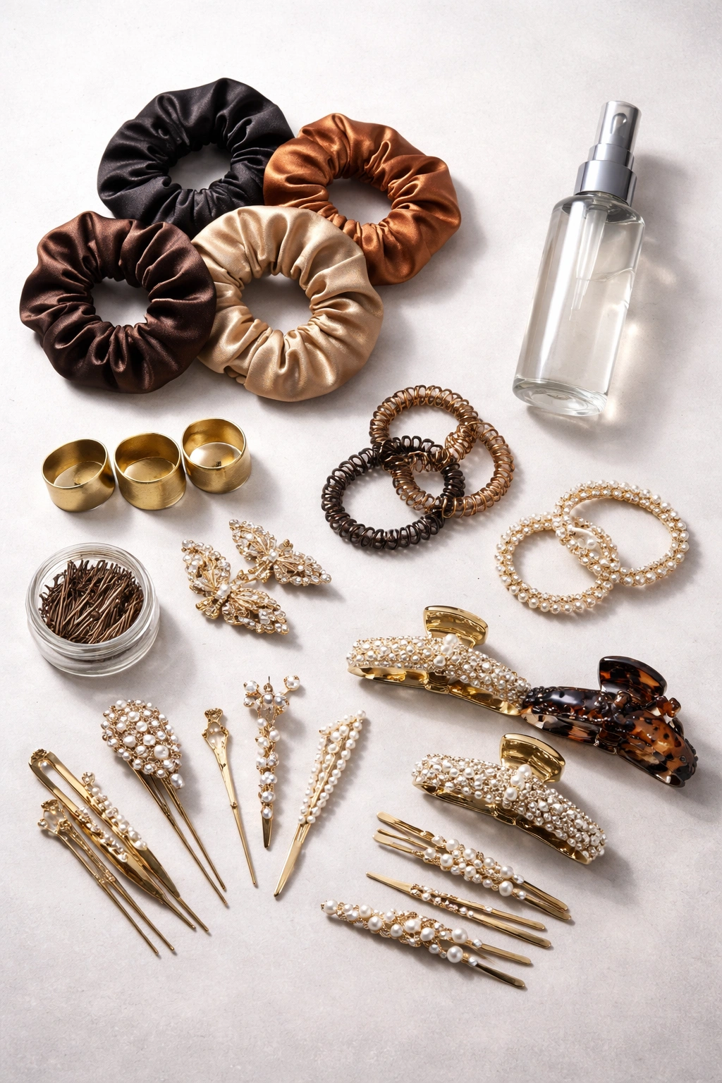 Flat lay of hair accessories and elastics for bun customization.