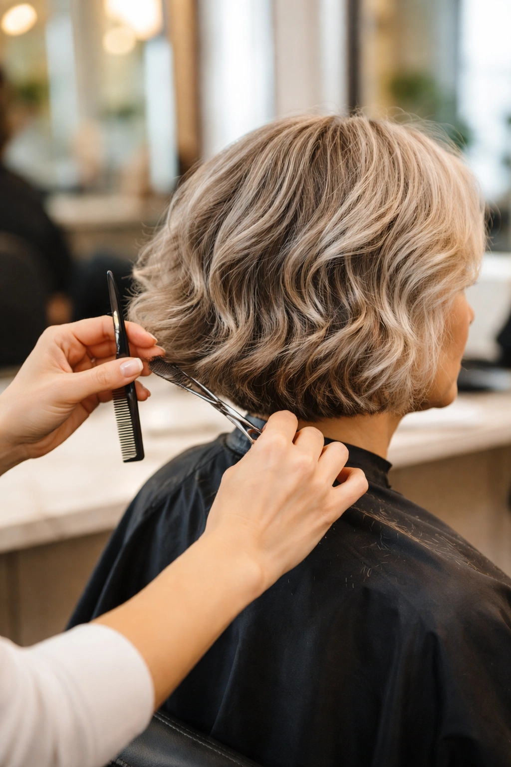 Stylist trimming a wavy bob at the salon to maintain shape and movement.