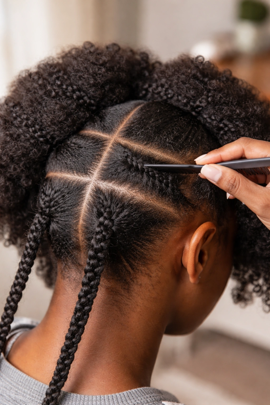 Close-up of clean moisturized Afro hair with sections prepared for cornrows on scalp
