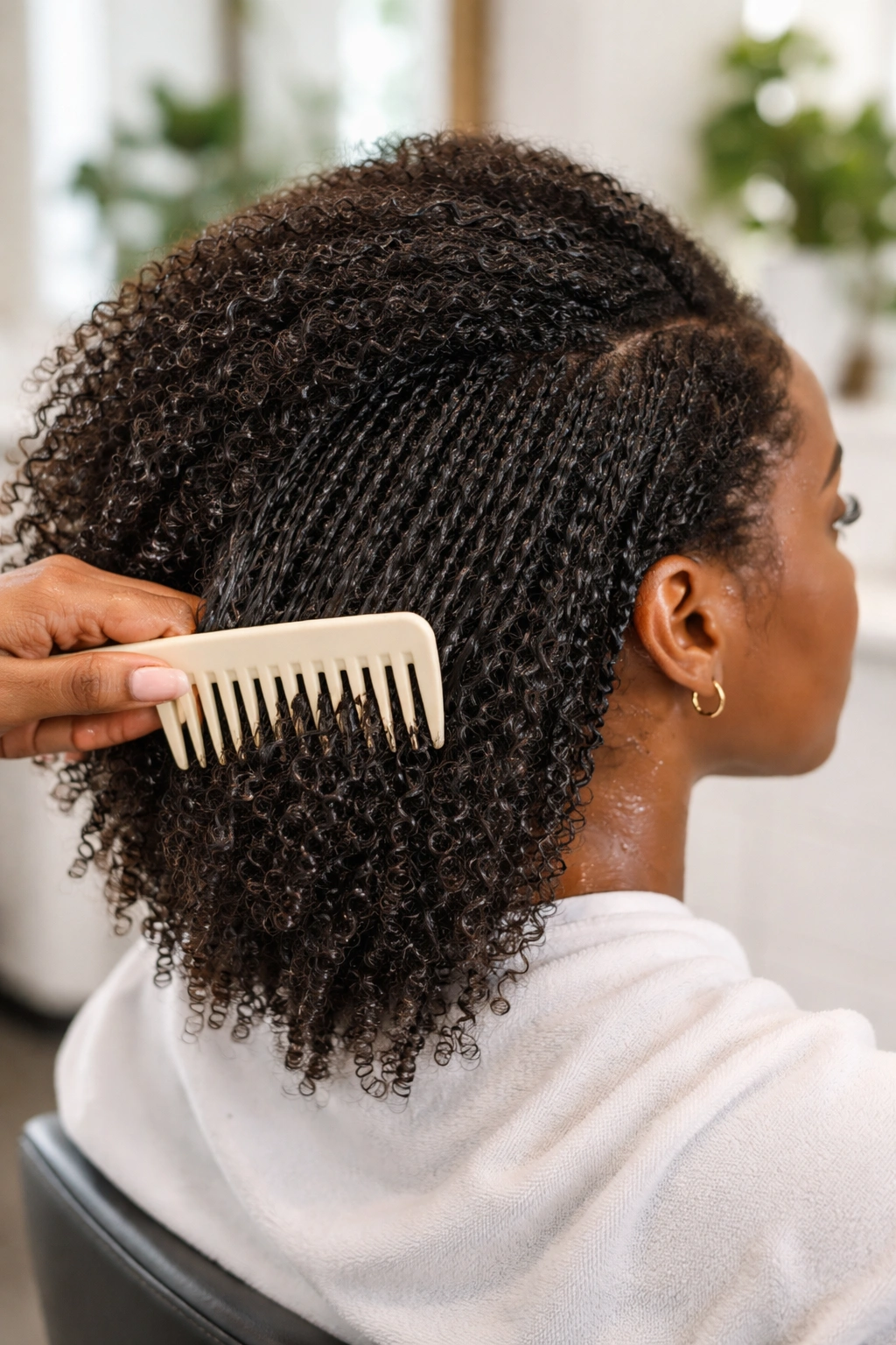 Close-up of moisturized hair being detangled in preparation for twist braids