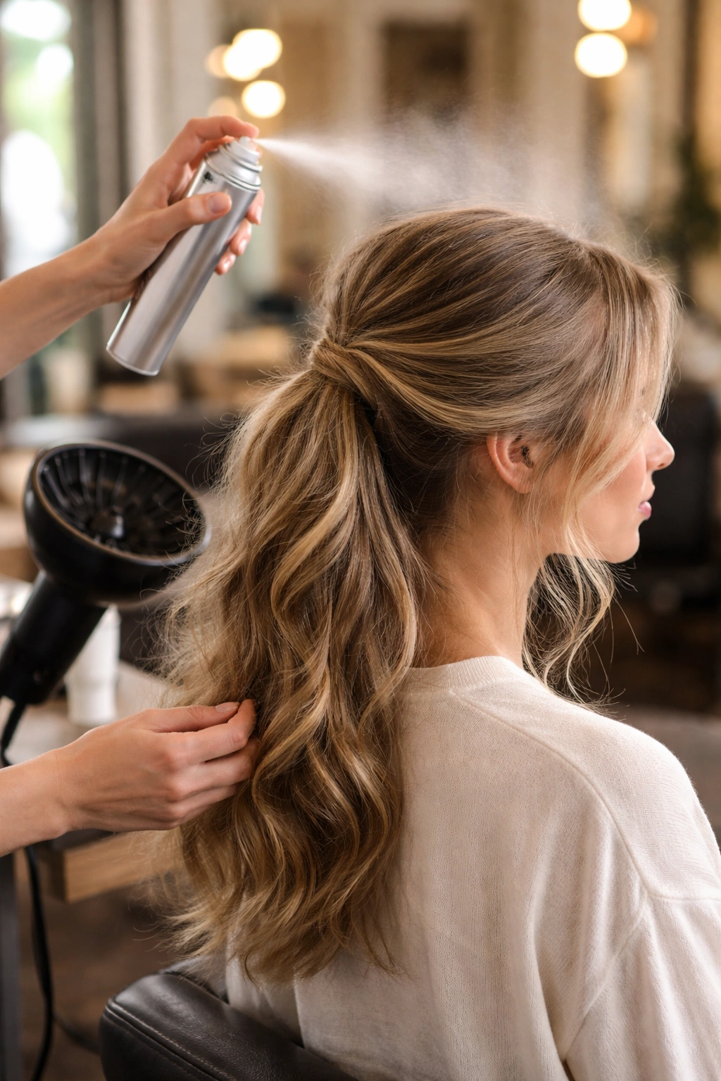 Salon scene showing hair preparation for a textured bridesmaid bun