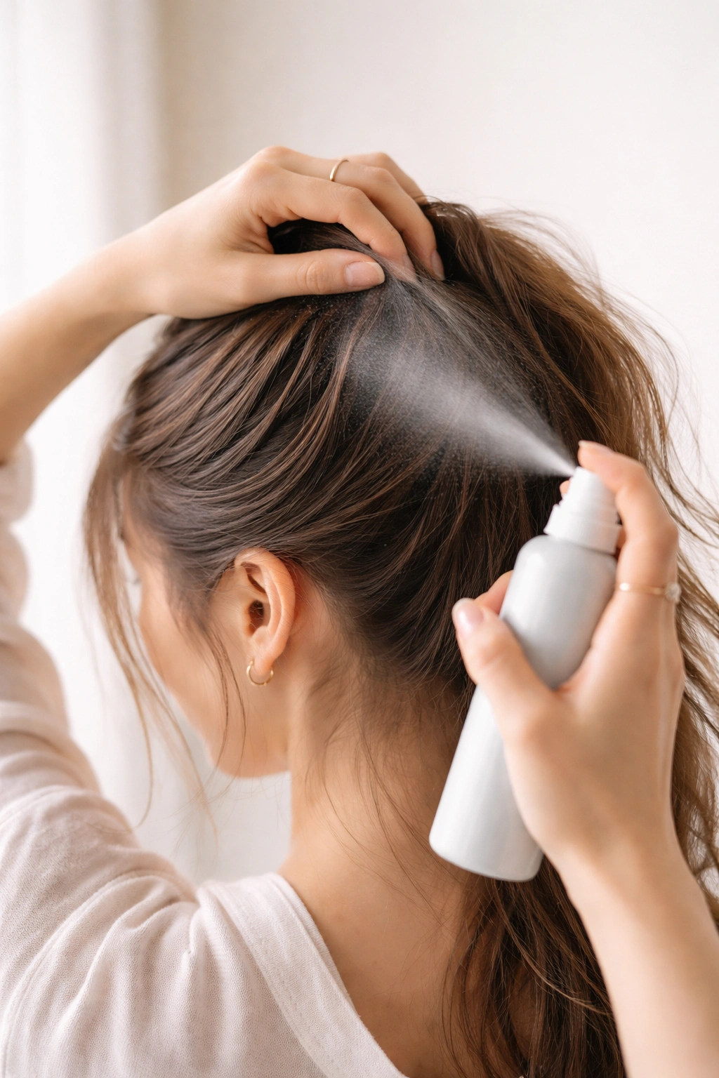 Hands applying lightweight texturizing spray to slightly damp soft hair