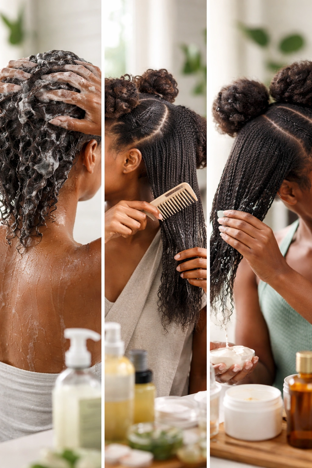 Hair prep scene with detangling and product application for twists