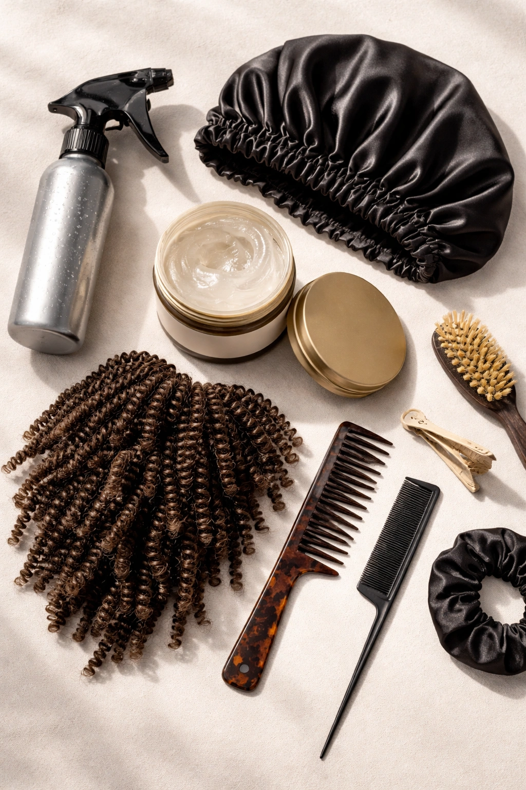 Flat lay of hair products and tools for twists