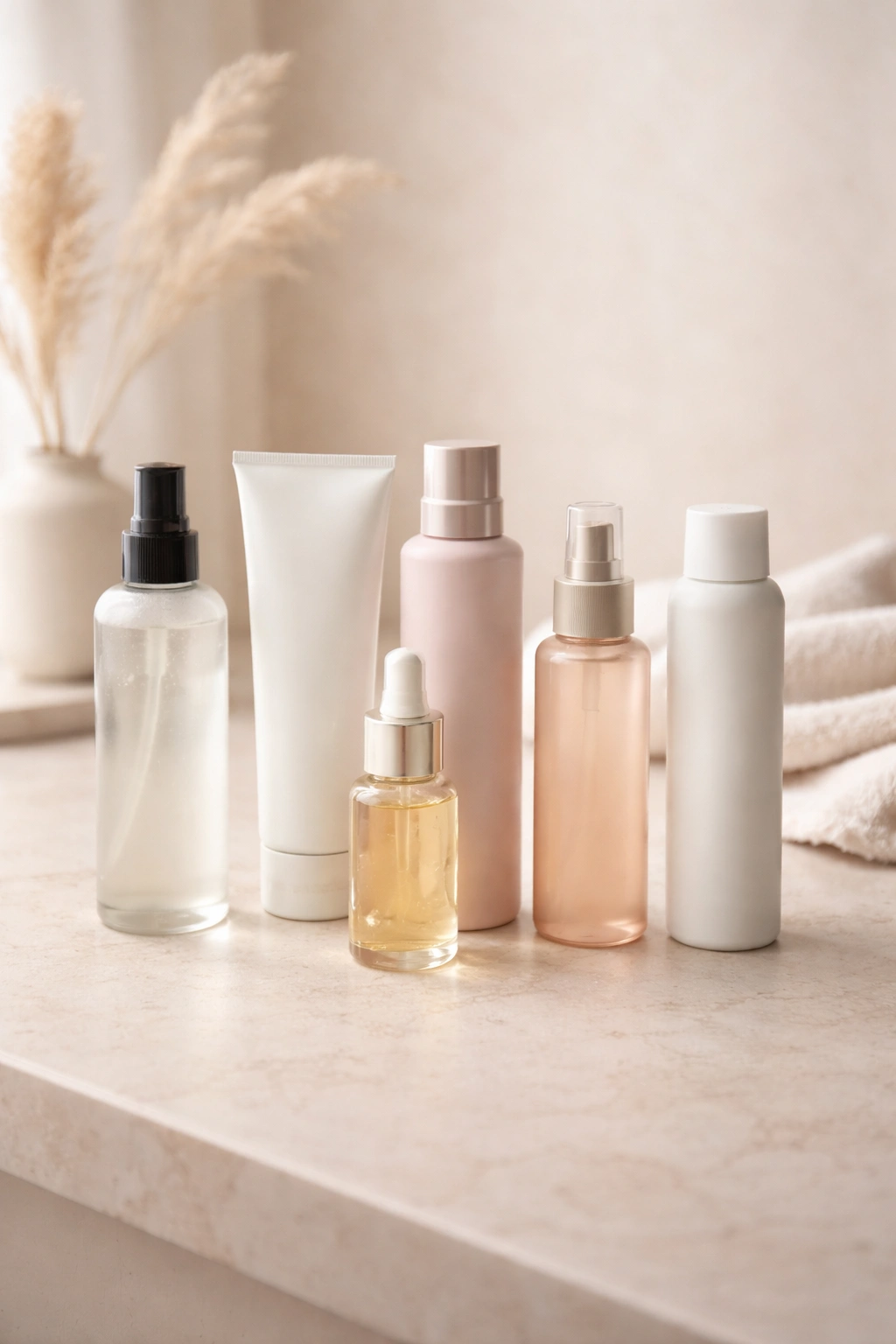 Top-down view of unlabelled hair product bottles arranged for a wavy hair routine