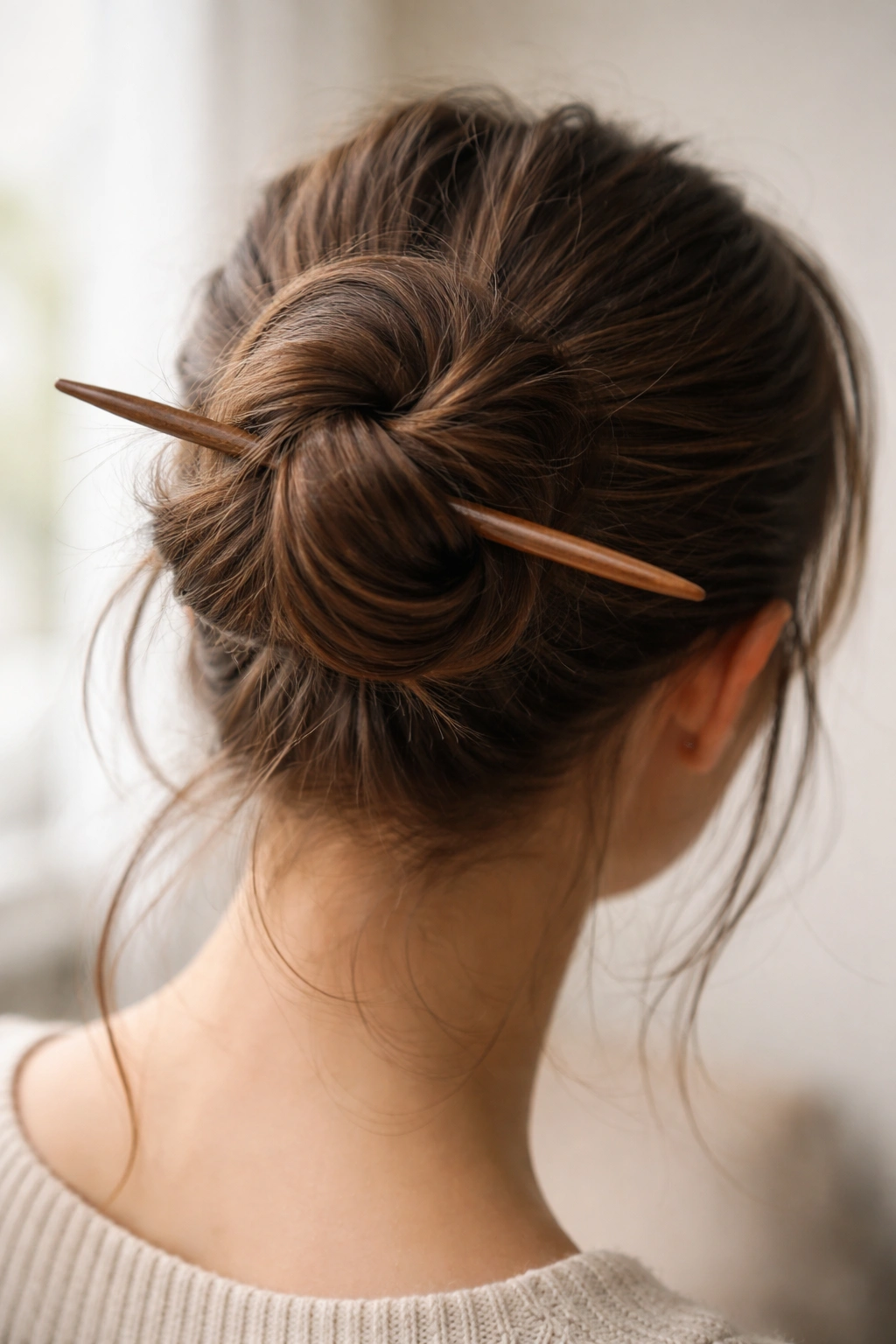 Hair stick securing a bun with a single stick threaded through