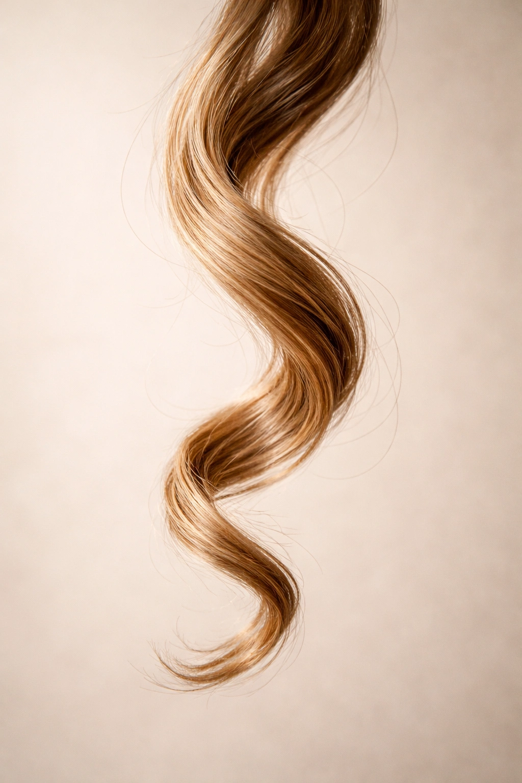 Close-up of a single wavy hair strand on a neutral background