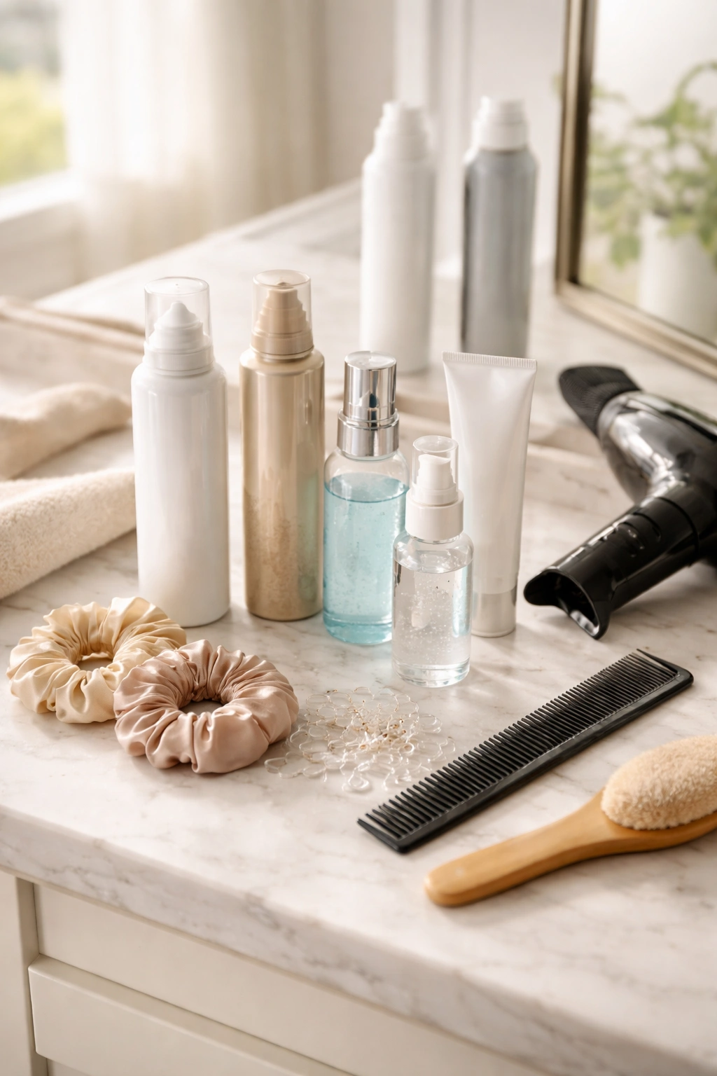 Unlabeled hair styling products and tools on a clean vanity arranged for low ponytails with bangs