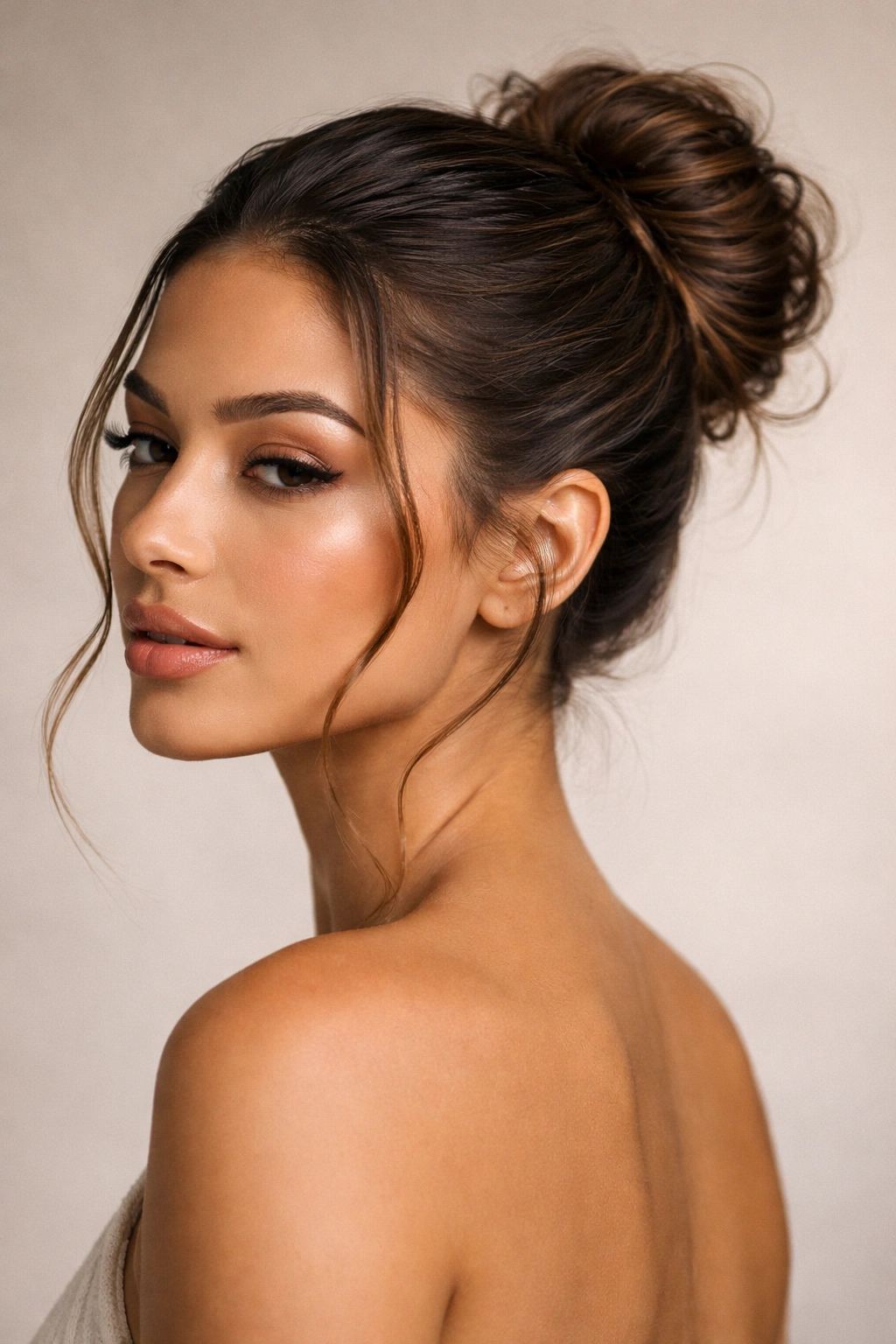 Slicked-back bun showing varied hair texture integration