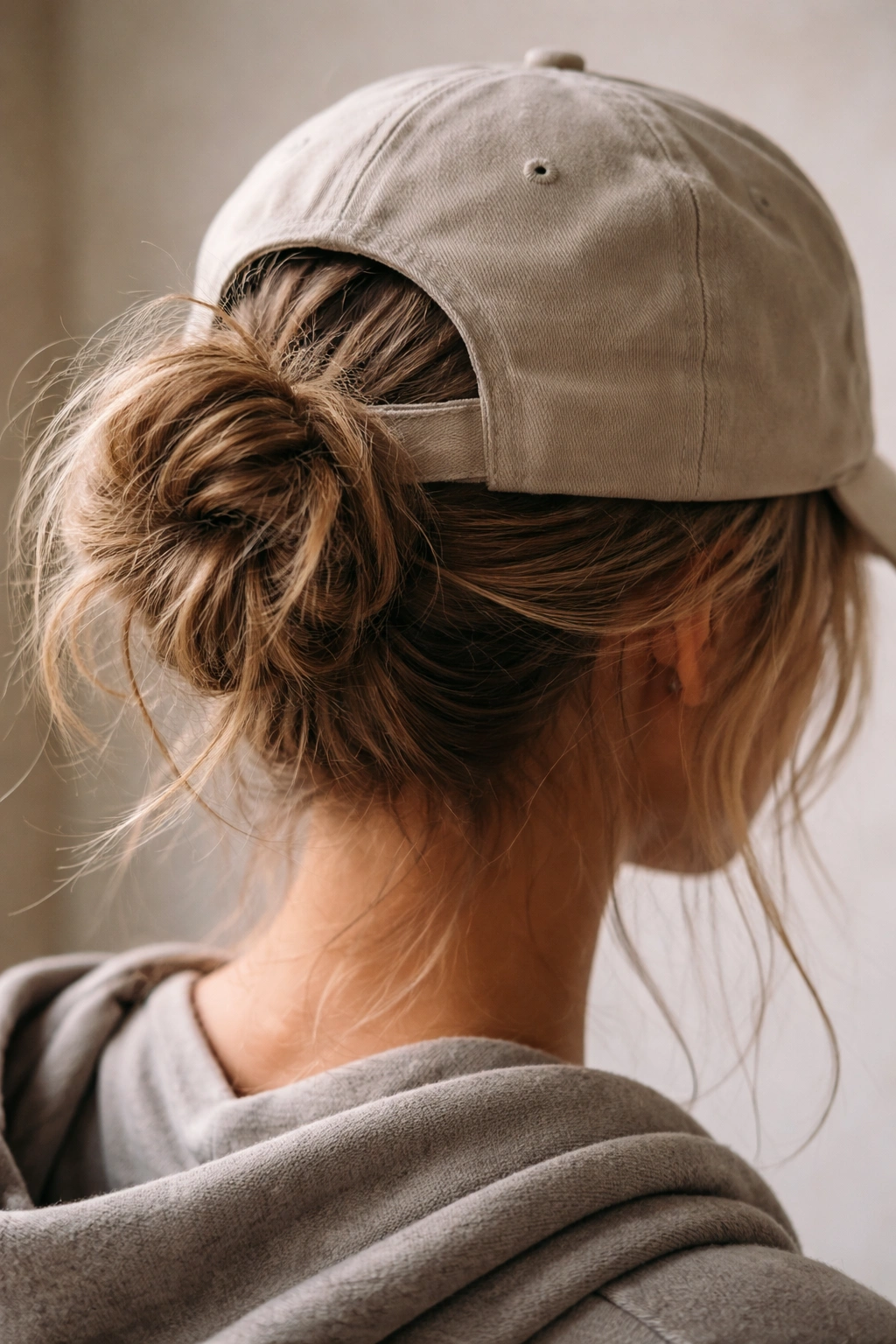 Close-up of textured hair with a loose bun under a hat, showing grip and texture