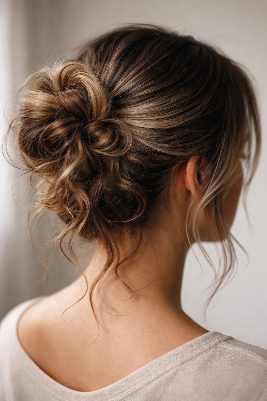 Close-up of a bun showing multiple textures on shoulder-length hair.