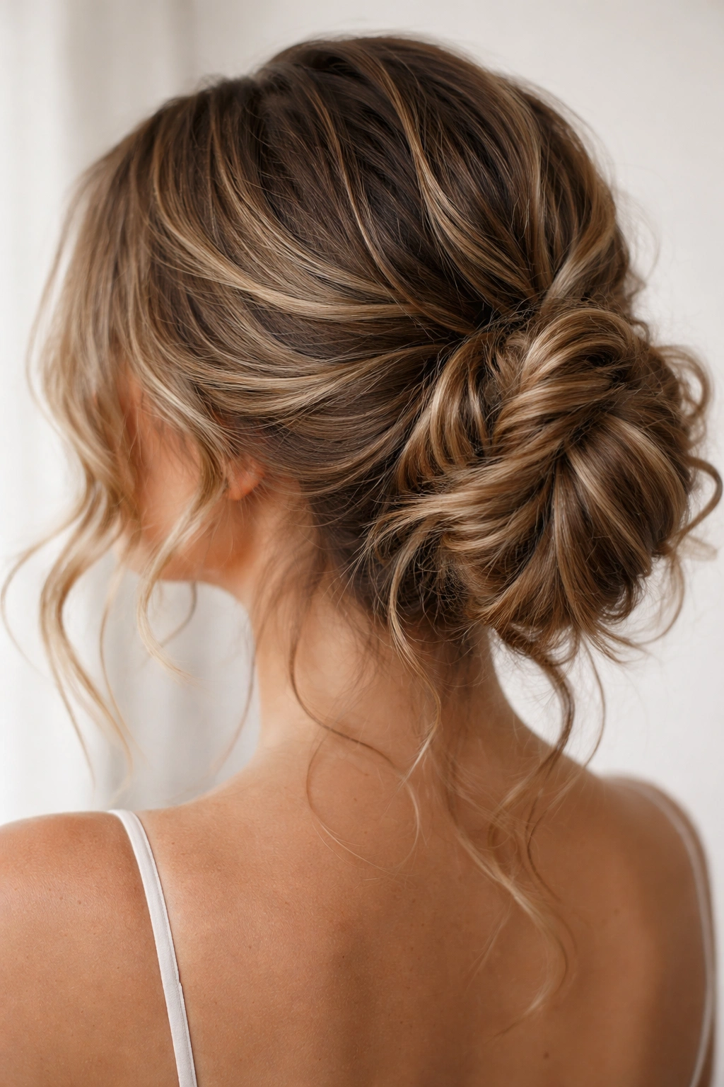 Close-up of textured hair with waves and curls integrated into a side bun
