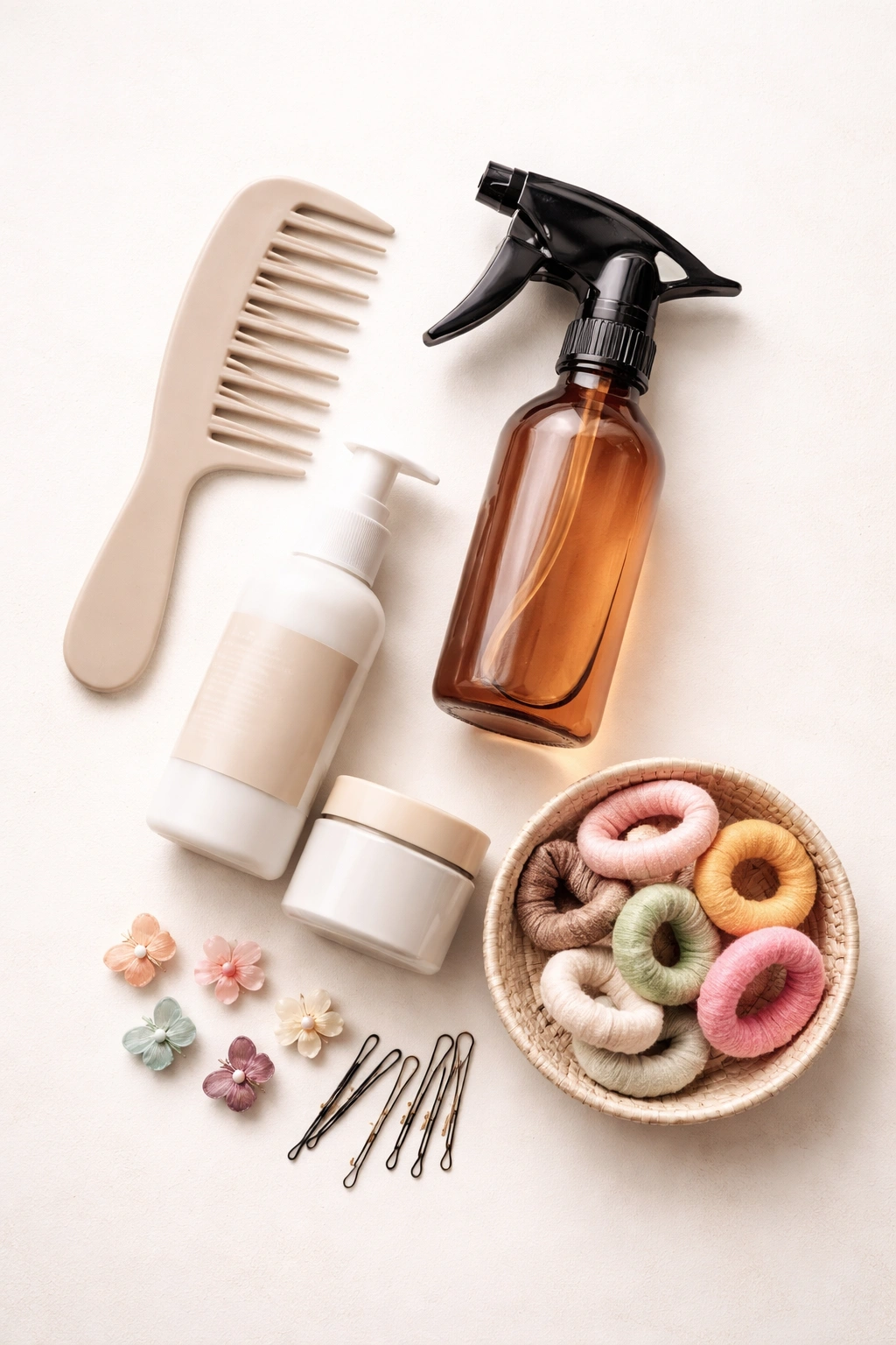 Flat lay of children's hair tools including wide-tooth comb and spray bottle
