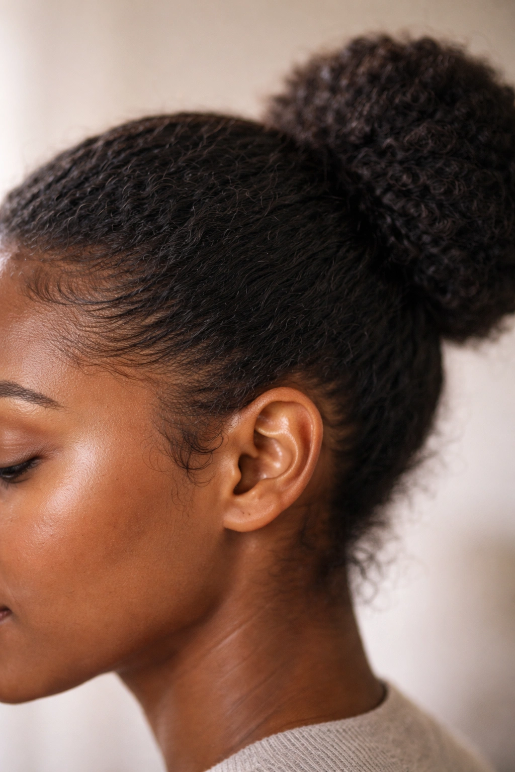Close-up of hairline and edges protected during bun styling
