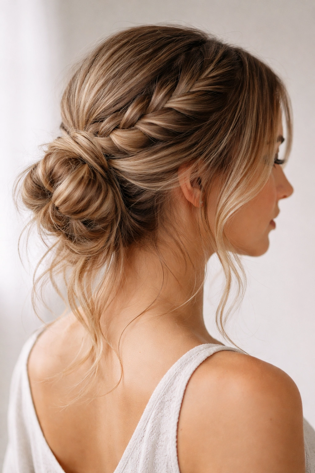 Close-up profile of half-braided low bun with crown braid and loose waves