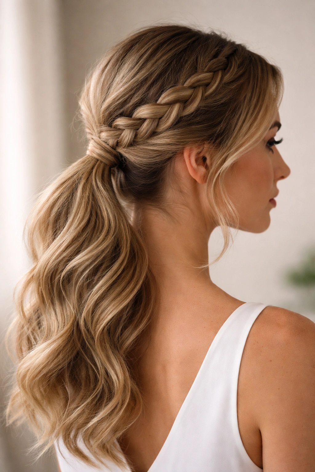 Close-up side view of a half-braided low ponytail with loose waves.