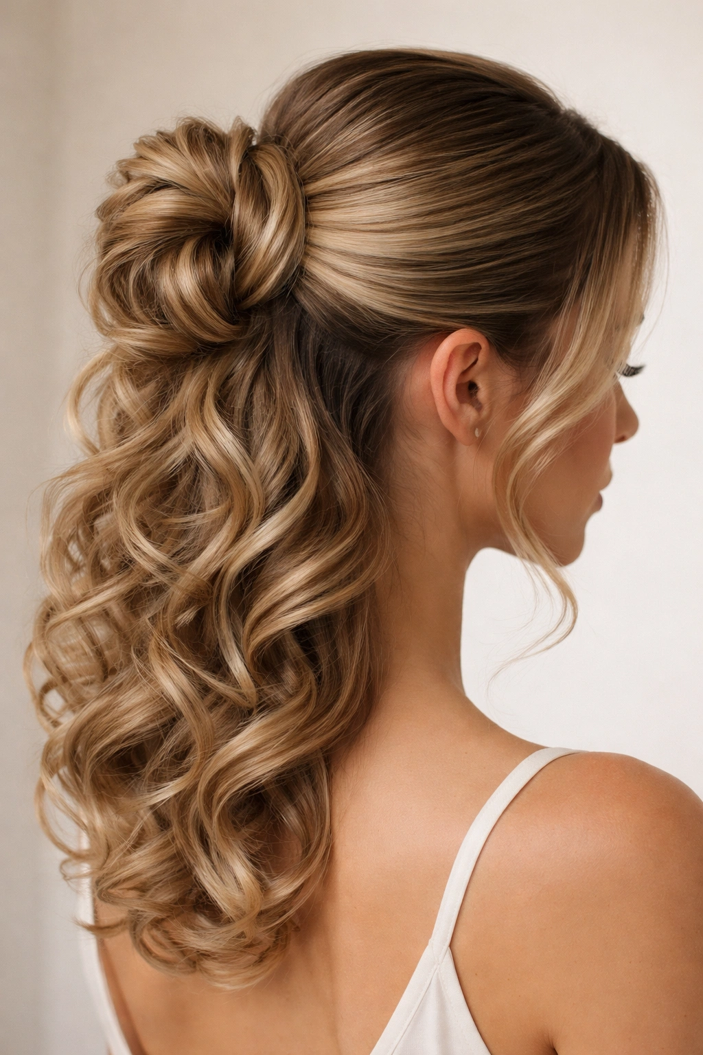 Half-curled polished bun with straight crown and curling bottom
