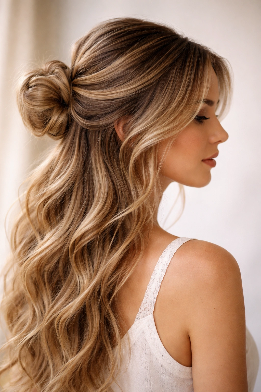 Half-down side bun with cascading layers