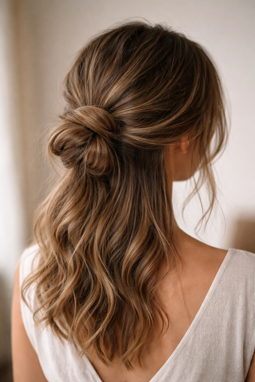 Back view of a half-gathered messy low bun with bottom hair down