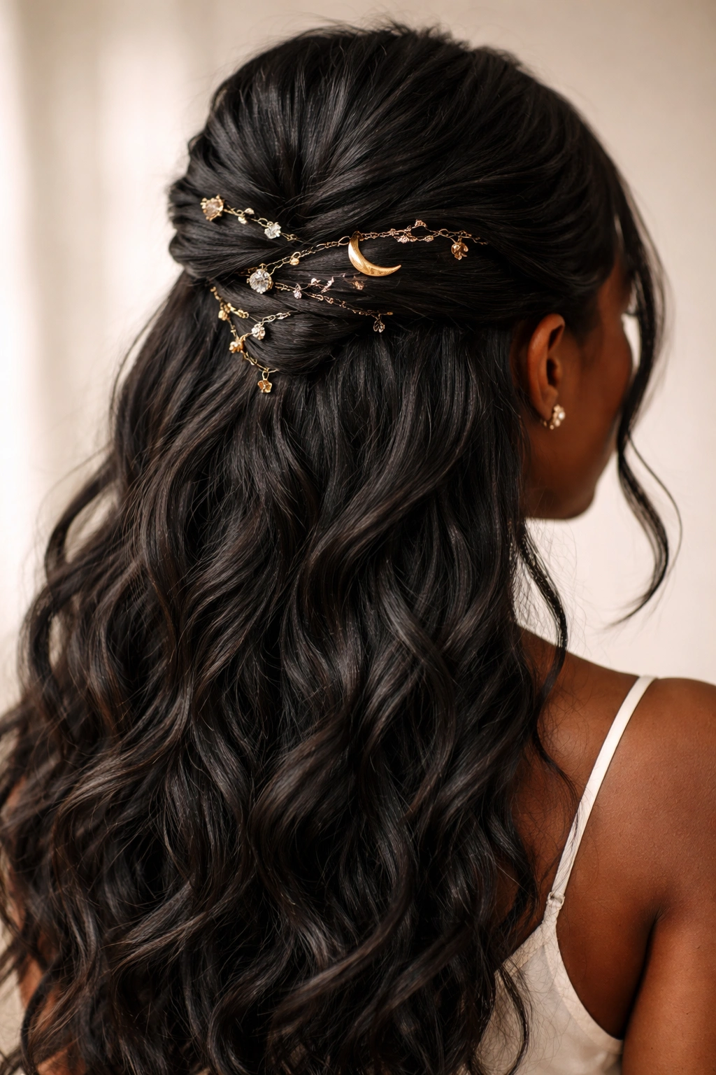 Close-up of a half-up hairstyle with coordinated metallic hair accessories on a Black woman's hair