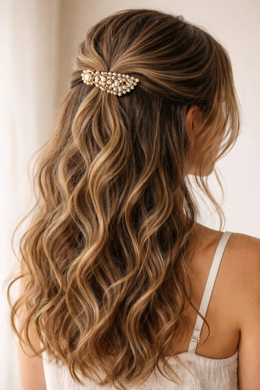 Close-up of half-up hairstyle with decorative clip and defined waves in the gathered section