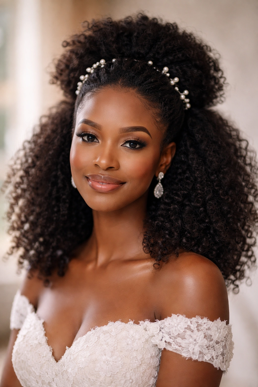 Half-up afro with pearl pins securing the gathered section.
