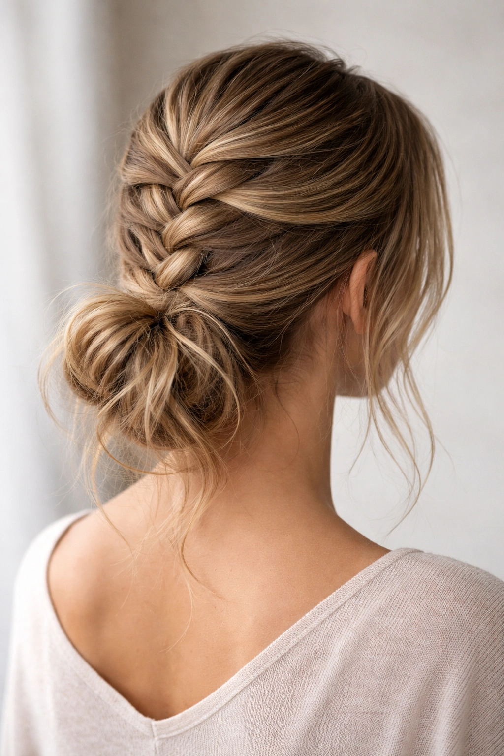 Back view of crown French braid stopping mid-back merging into a loose, textured messy bun