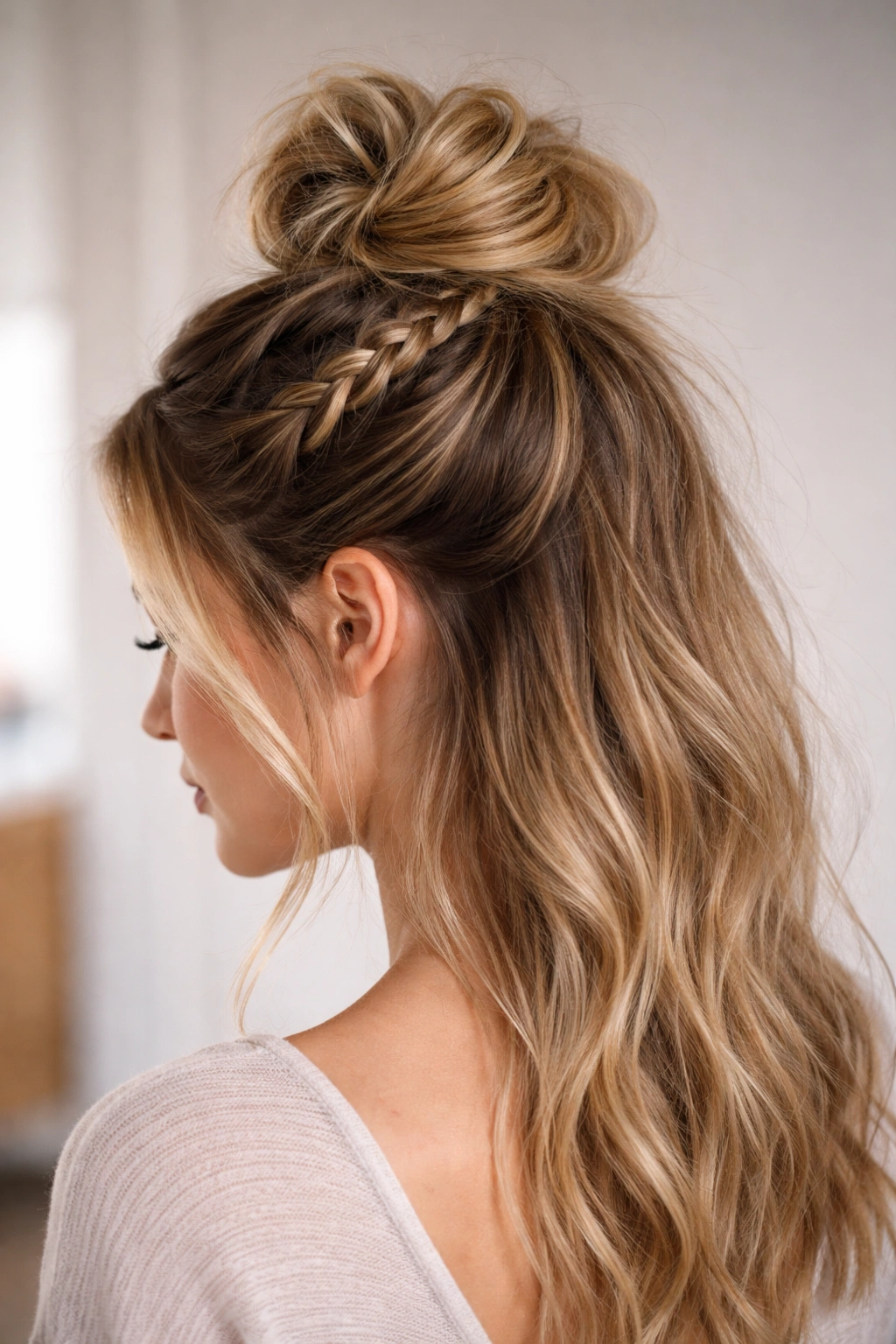 Half-up hairstyle with a braid and a crown-style messy bun