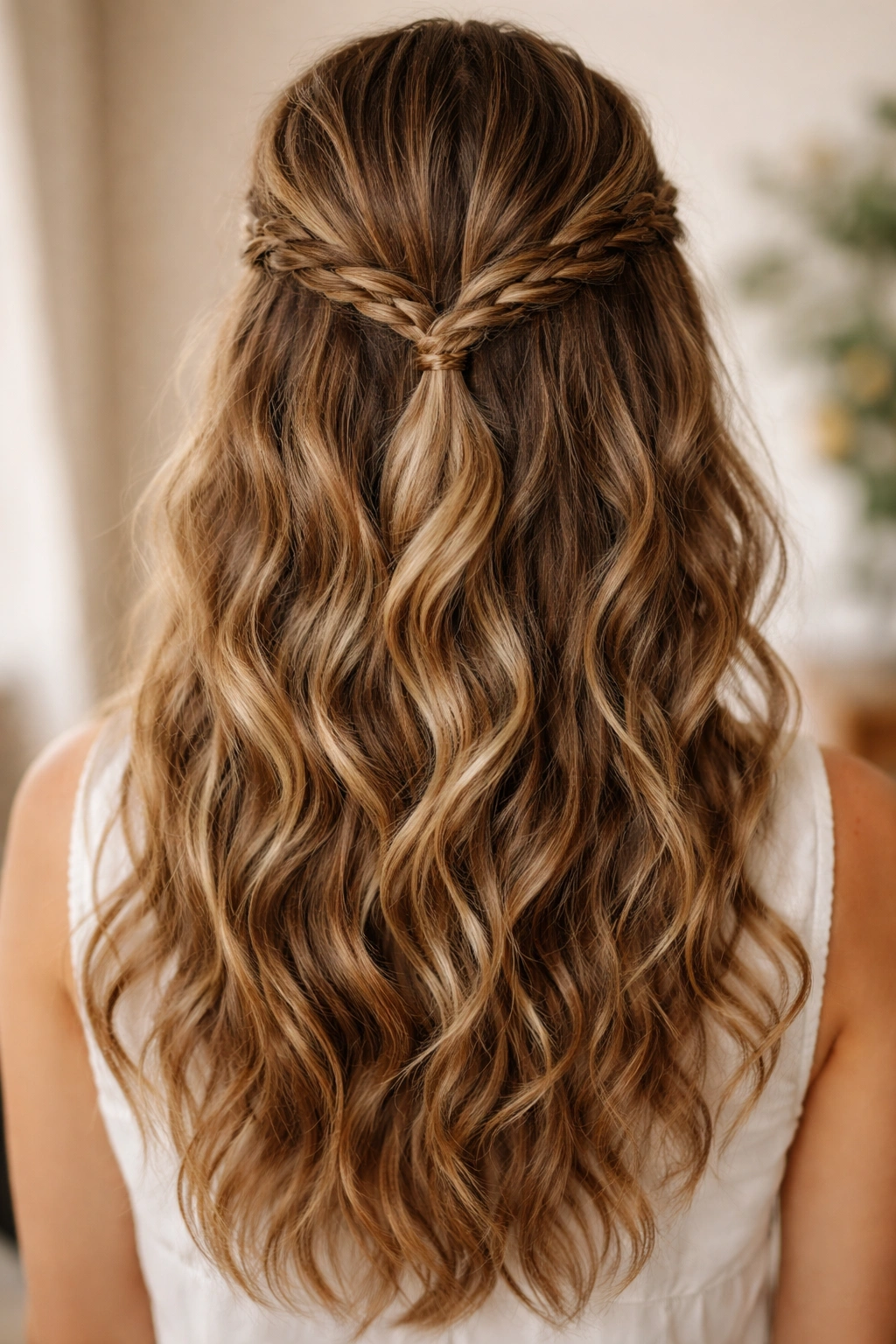 Two side braids gathered at the back with wavy hair