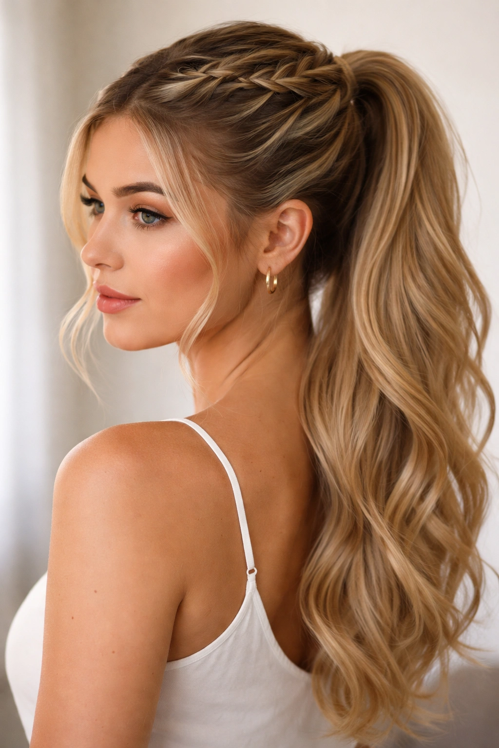 Top braided section with loose hair flowing down in a half-up ponytail.