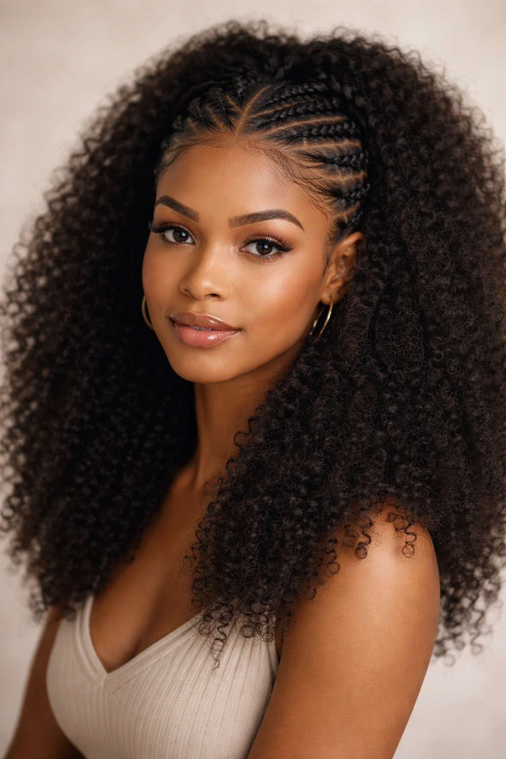 Half-up braided crown with the rest of hair in a full afro.