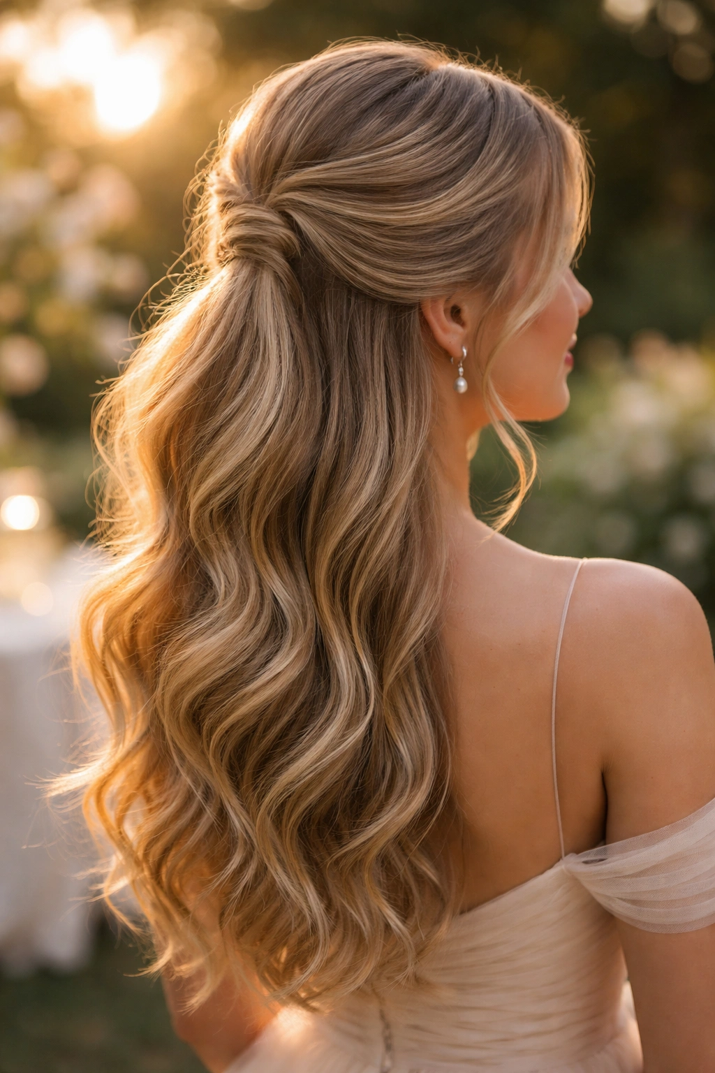 Close-up of a romantic half-up bridal ponytail with flowing waves