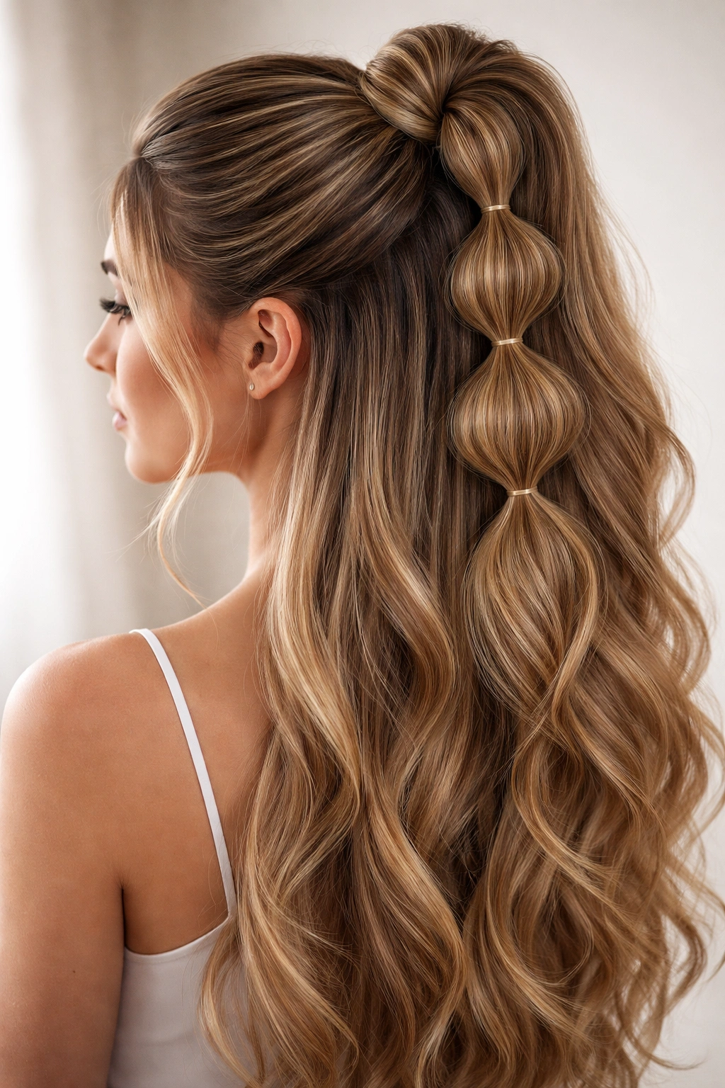 Close-up of half-up bubble braid ponytail with crown bubbles and flowing hair