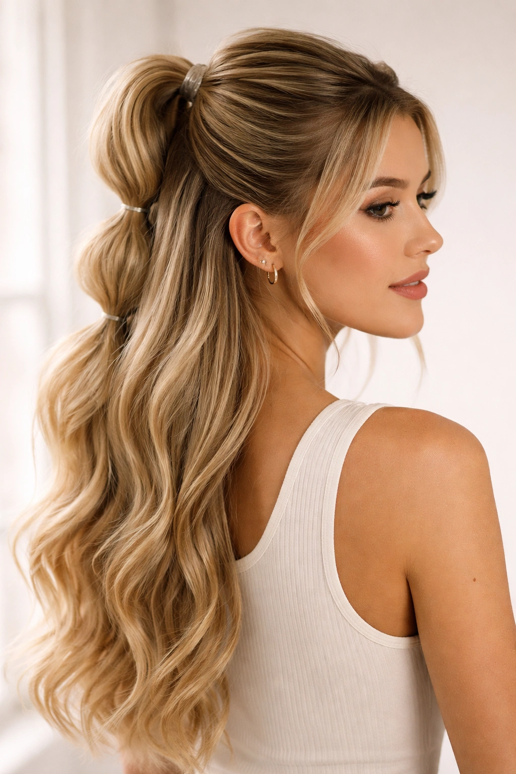Half-Up Bubble Ponytail showing top bubbles and flowing lower hair