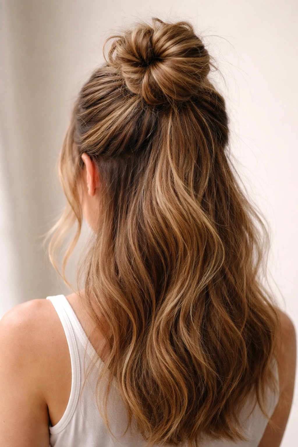 Half-up messy bun with bottom waves