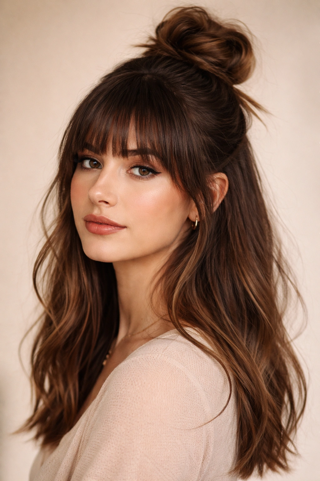 Half-up messy bun with blunt bangs and down hair