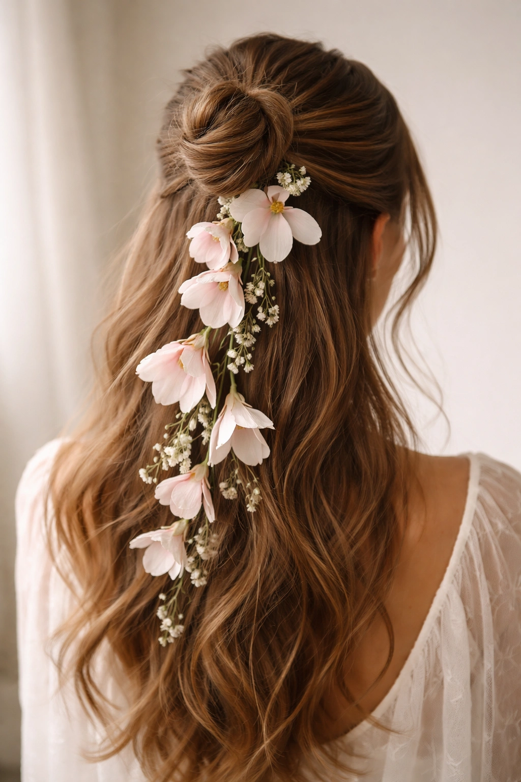 Half-up bun with cascading petals