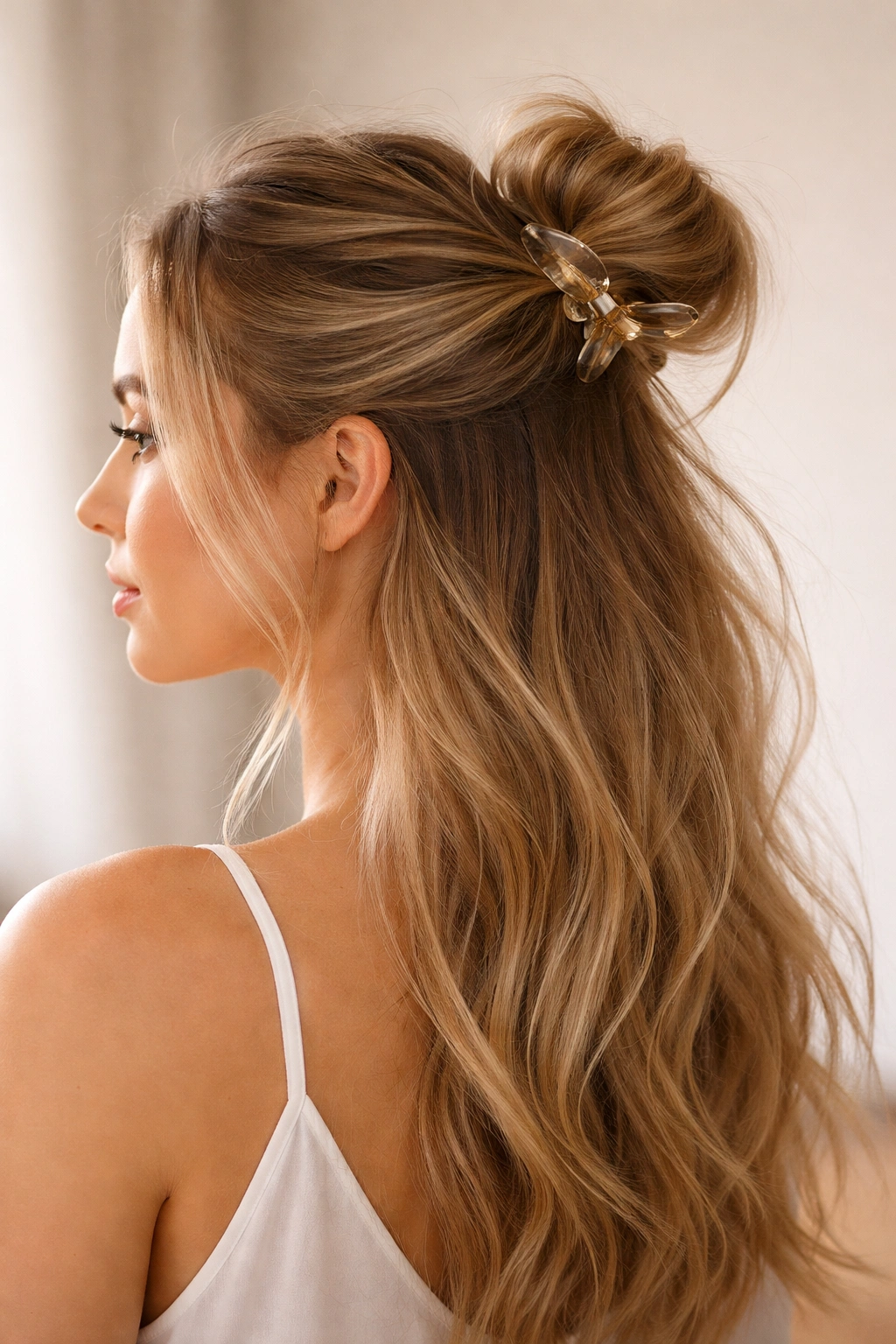Half-up messy bun with top twist secured by a claw clip