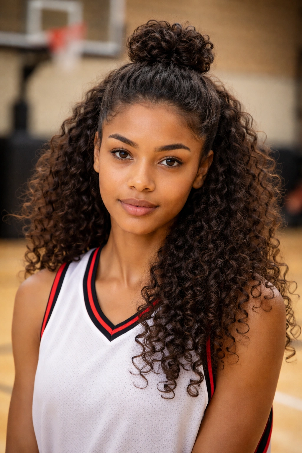 Front view of half-up bun with top knot and loose curls at the back